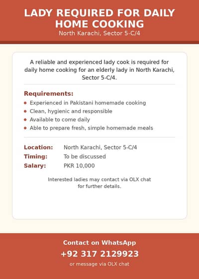 Lady required for daily home cooking for my mother