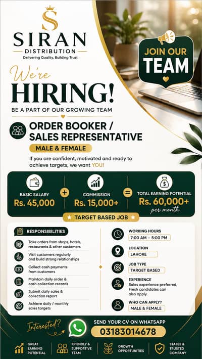 Order Booker / Sale's representative Job in LAHORE