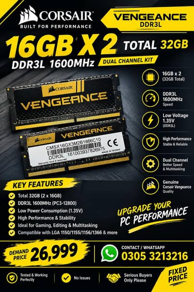 Corsair Vengeance 32GB DDR3 GAMING RAM Kit 16gb Premium Laptop Memory