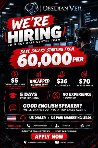 Obsidian Veil Hiring - 60k Base + Commission + Paid Training - Isb/Rwp