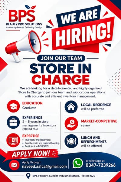 We are hiring Inventory store in-charge