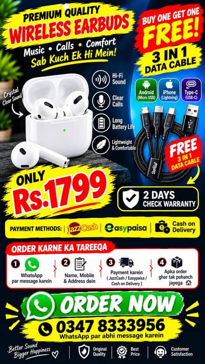 White Wireless Bluetooth Earbuds + Free 3 in 1 Data Cable | Rs. 1799