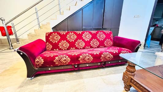 Sofa Cum Bed, 3-Seater, Red Velvet with Gold Design