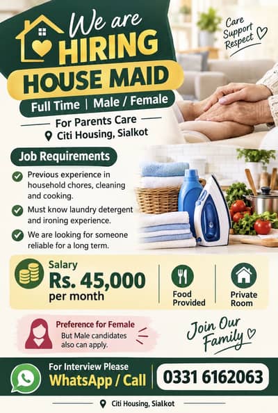 Full Time/Part Time House Maid Job. 45000 salary