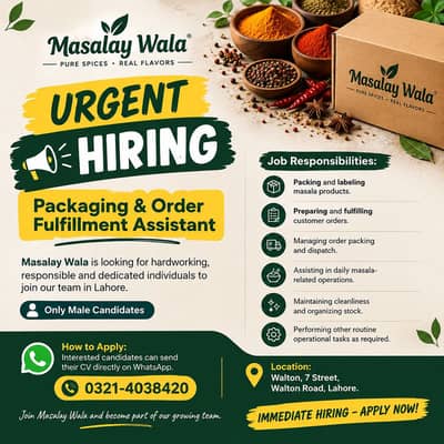 Urgent Hiring – Male Staff Required | Masalay Wala Lahore