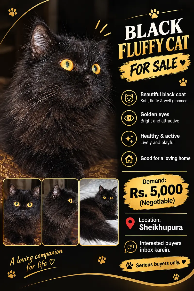 Beautiful black fluffy cat with golden eyes.