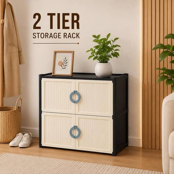 2-Tier Modern Storage Cabinet Organizer – Minimalist Modular Storage Rack with Double Doors, Circular Pull Handles & Display Top for Living Room, Bedroom & Office