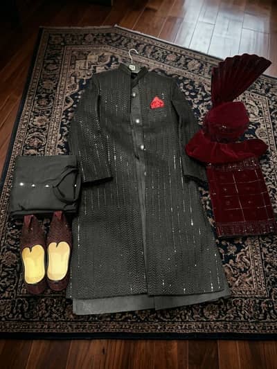 Complete Groom Sherwani Set (Black & Maroon Velvet) - Size 38
