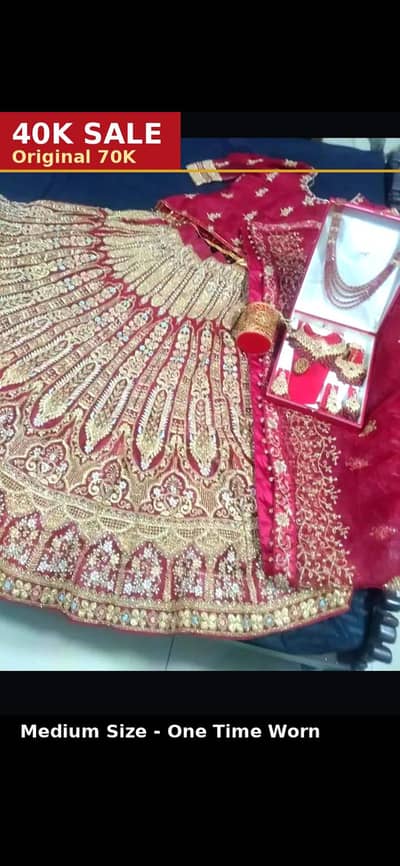 Red Heavy Bridal Lehenga With Jewellery Set (Medium) One Time Worn 40-