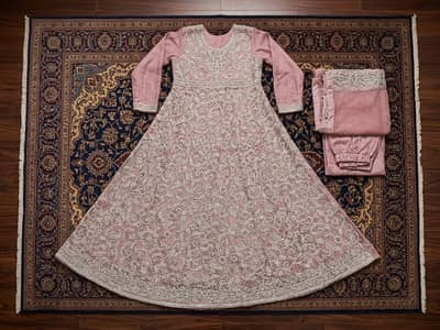 Premium Designer Walima Bridal Maxi (Tea Pink) Heavy Silver Embroidery
