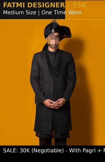 Fatmi Designer Black Sherwani Medium Size Original (55k) Sale (35k)