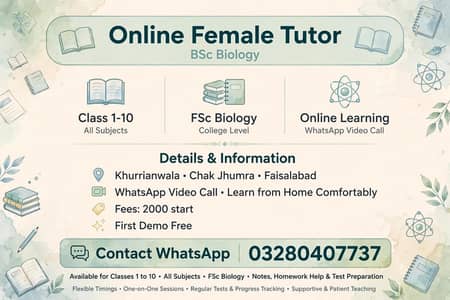 BSc biology female teacher-online tuition khurrianwala -Class 1-10