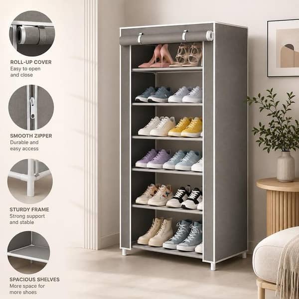 Multi-Tier Portable Fabric Shoe Rack Cabinet – Tall Standing Shoe Storage Organizer Tower with Roll-Up Zipper Cover & Metal Frame for Entryway, Closet & Bedroom