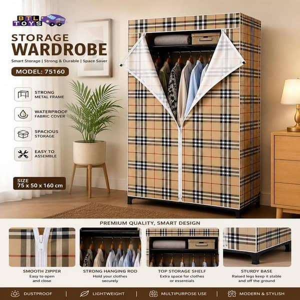 Portable Fabric Storage Wardrobe Closet – Heavy Duty Clothes Closet Organizer with Hanging Rod, Top Shelf & Waterproof Dustproof Plaid Cover for Bedroom & Dorms