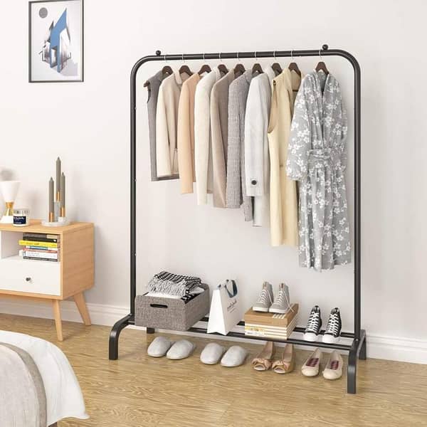 Heavy Duty Metal Garment Rack – Freestanding Clothes Hanging Stand with Bottom Storage Shelf for Shoes, Bags & Accessories in Bedroom, Entryway & Laundry Room