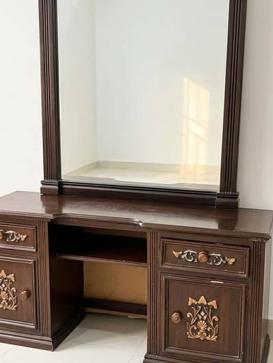 Solid Wood Dressing Table with Large Mirror & Carved Cabinets