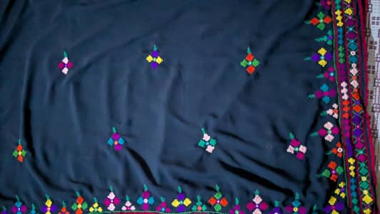 “Vibrant Traditional Embroidery on Black Fabric”