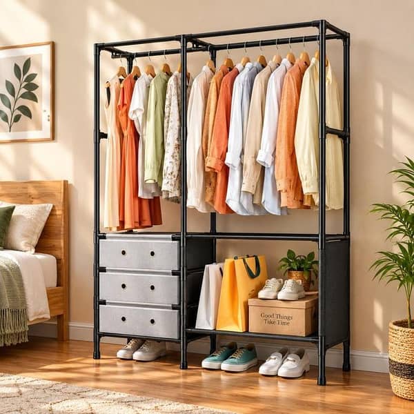 Double Pole Heavy Duty Clothes Closet Organizer – Freestanding Garment Rack Stand with 3 Storage Drawers, Bottom Shoe Shelves & Dual Hanging Rods for Bedroom & Walk-in Closet