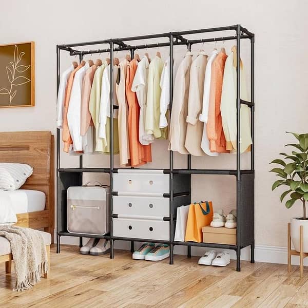Extra Large 3-Section Portable Garment Rack – Freestanding Open Closet Organizer with Triple Hanging Rods, 3 Storage Drawers & Bottom Shoe Shelves for Bedroom & Walk-in Closet