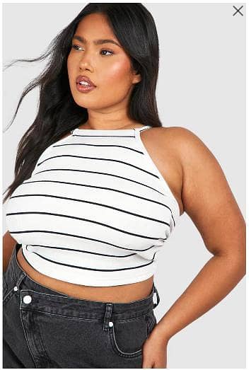 Women Stylish Black and White Striped Halter Crop Top Casual Wear  R5909
