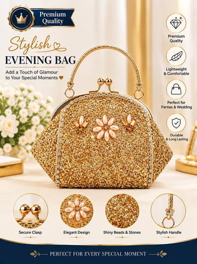 Golden Glitter Party Wear Clutch Bag