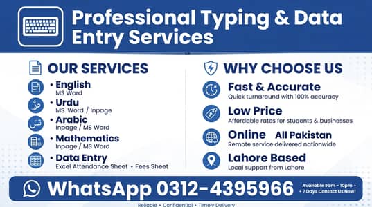 Typing Work - MS Word, Inpage, Excel