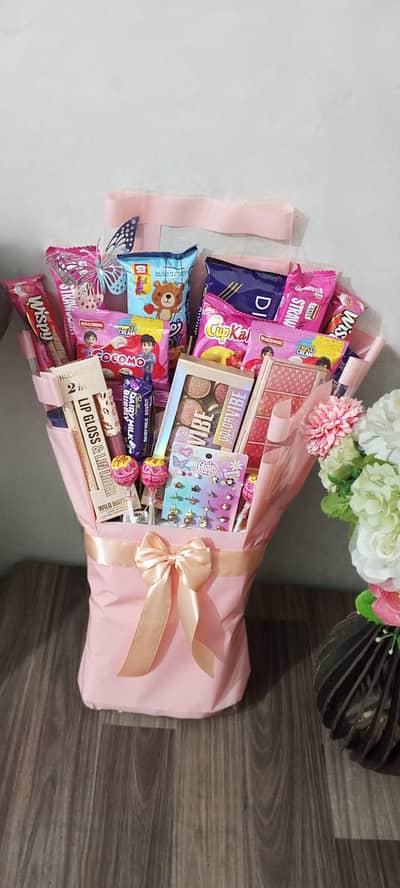snack and makeup bouquet