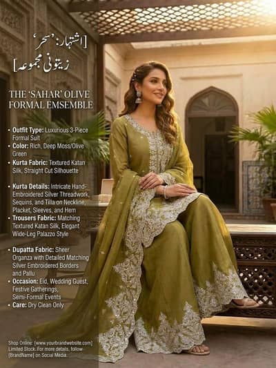  Title: Sahar Olive Luxe Formal Suit – زیتونی شاہکار 