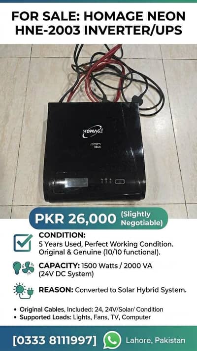 Homage Neon 2003 (2000VA / 1500W) – 24V System – Perfect Working