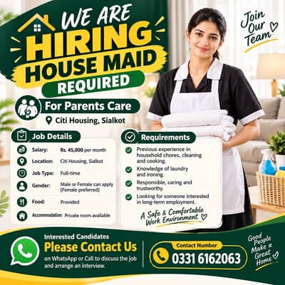 House Maid Required For Parents Care Full time Sialkot