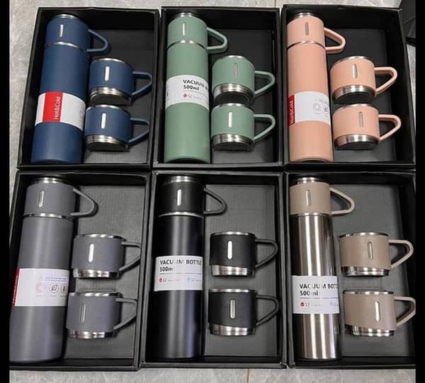 T  water bottle - steel water bottle - temperature water bottle - vaccum bottle - stainless Steel Vacuum Flask and Flask Set, 3 Steel Cups with Flask Combo, Size 500ML