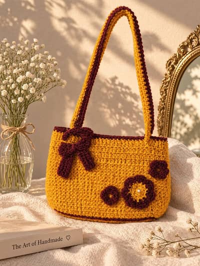 Aesthetic Handmade Crochet Bag – Elegant Mustard & Burgundy Style