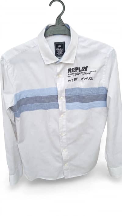 REPLAY Original Garage Edition. White Cotton Shirt WIDE-AWAKE . Print.