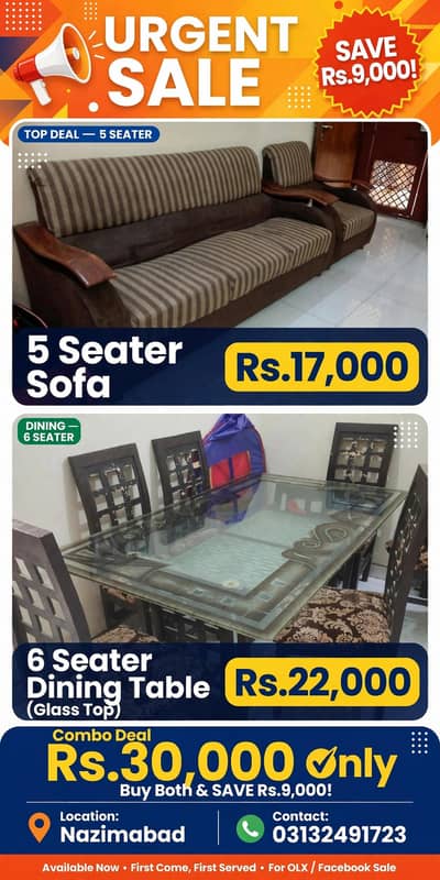 5 Seater Sofa + 6 Seater Dining Table - Urgent Sale