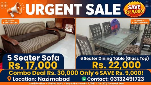 5 Seater Sofa + 6 Seater Dining Table - Urgent Sale