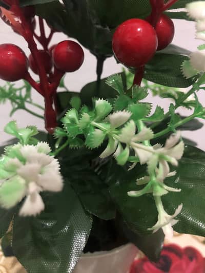 artificial red cherry berry plant with a pot