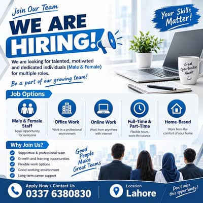 We are hiring for full time , part time, and home based.