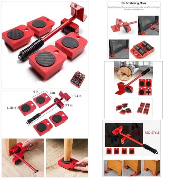 T   Furniture Moving Tool Heavy Object Mover Furniture Transport Lifter & Furniture Slides 4 Wheeled Mover Roller+1 Wheel Bar Hand Tools Set