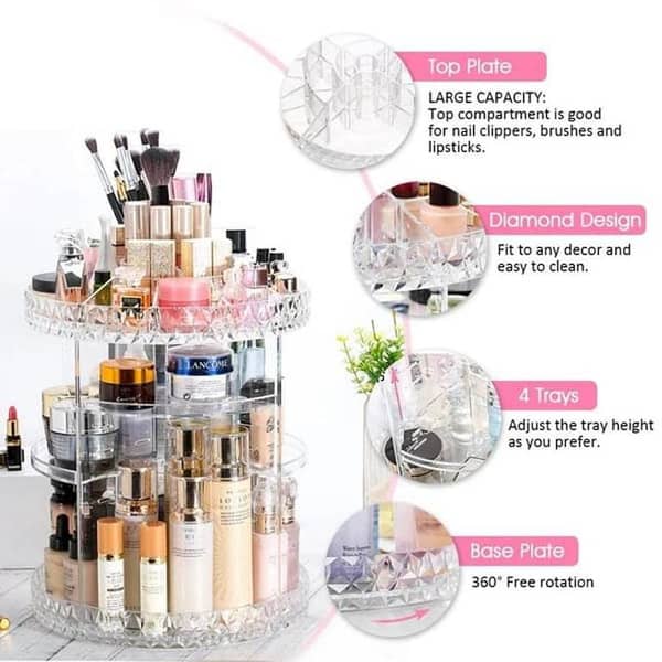 T   360 Degree Rotating Makeup Storage Rack Height Adjustable Cosmetics Organizer Assembly Skin Care Holder Bathroom Display Case