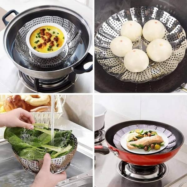 T  Folding Steamer Basket Set Steel Food Basket Mesh Vegetable Cooker Steamer Expandable Cookware Kitchen Tool Steamer Stand Multi-Purpose Metal Heated Pot Holding Stand Rack & Steamer Ring Steamer Basket