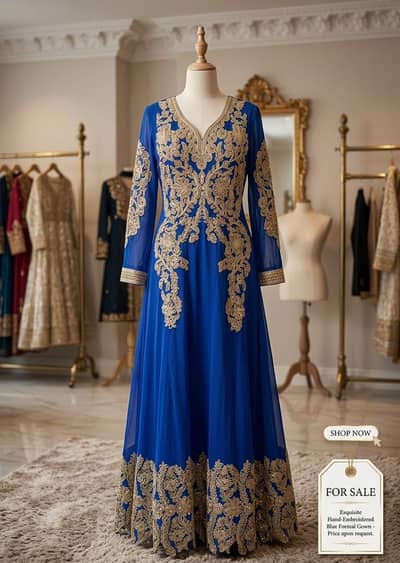 Exquisite Royal Blue Hand-Embroidered Chiffon Gown - Formal Wear