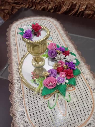 Handmade Flower Decorated Mirror Tray - Gift / Home Decor