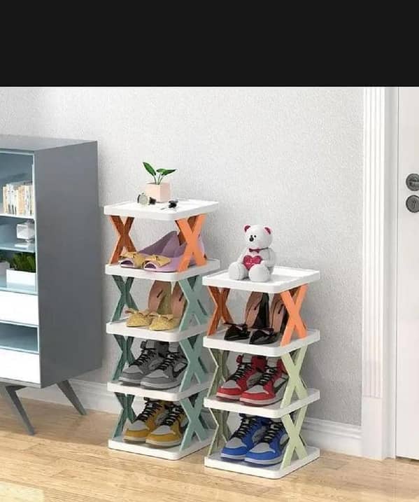 T  4  Layer Multi-Functional Rack Versatile Stackable Organizer for Shoes, Kitchen rack, Bedroom corner racks, Lounge portable shelves- X Rack, Space-Saving Plastic Cabinet, Easy Assembly, Ideal for Home Storage & Closet Shoe Shelf (randomly color)