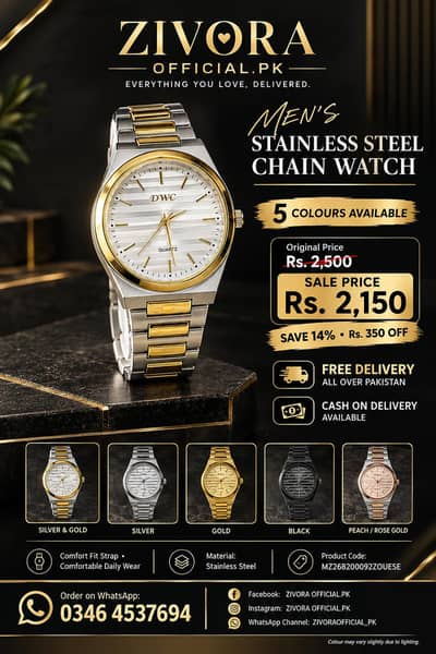 Men’s Stainless Steel Chain Watch – 5 Colours Available