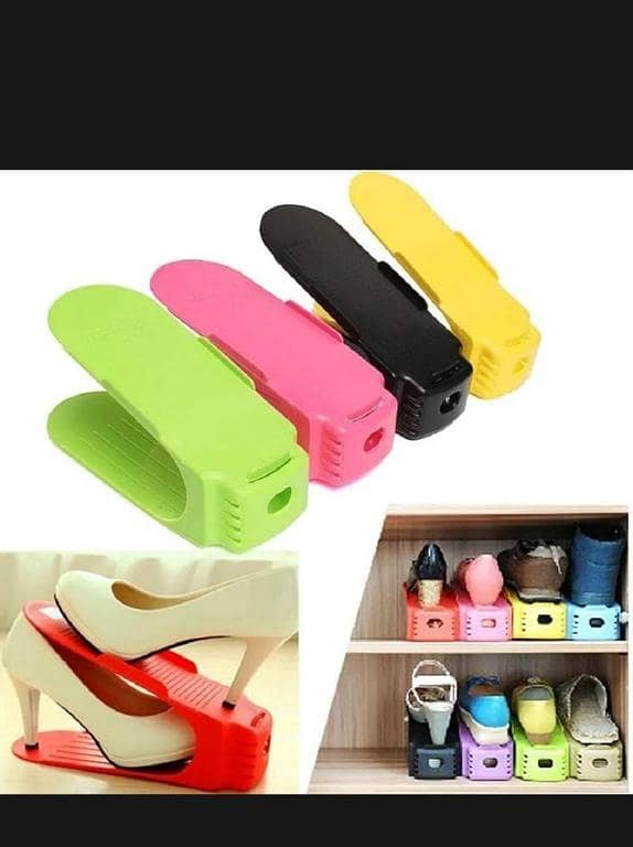 T   Adjustable Plastic Shoe Slots Organizer Space Saver Rack Holder. PACK OF 2