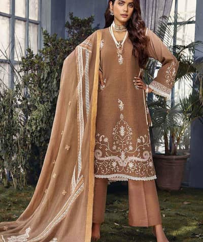 Original Gul Ahmed Brown Embroidered Suit with Pashmina Shawl