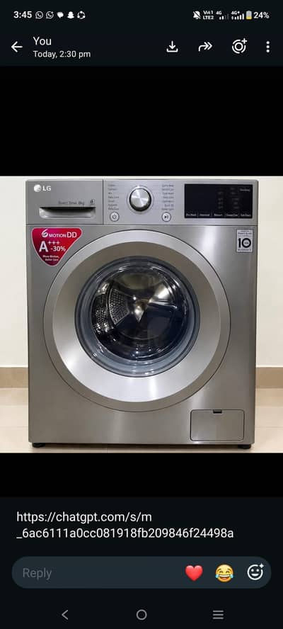 Lg washing machine 1 month use O3O9-31O-56-O2 my WhatsApp number