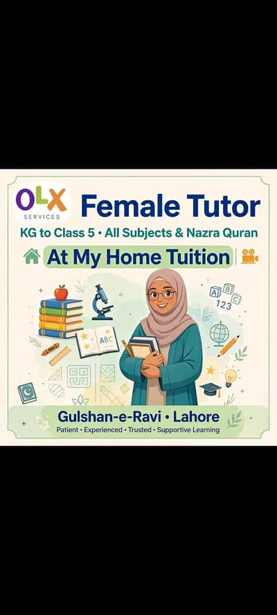 female tutor kg to 5 At my home Gulashan - e- Ravi & online_ All Subje