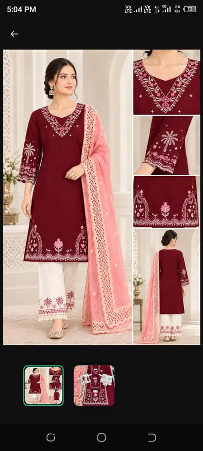 Eastern 3Pc Lawn Embroidered Suit Maroon Pink Dupatta For Women