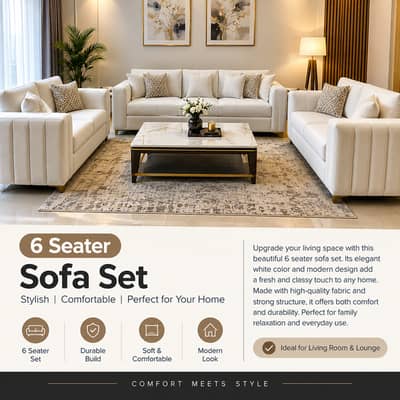 Elegant White 6 Seater Sofa Set | Modern Stylish Living Room & Drawing